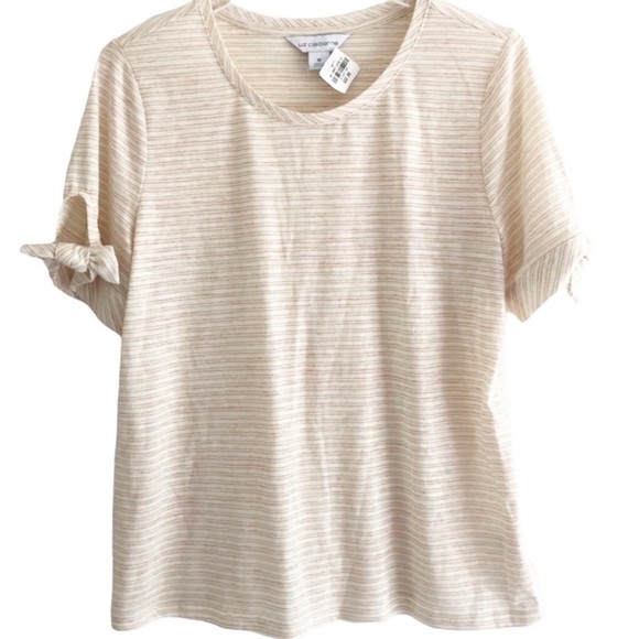 Liz Claiborne Cream Metallic Striped Tie Cuff Sleeves Pullover Top Medium - Picture 1 of 8